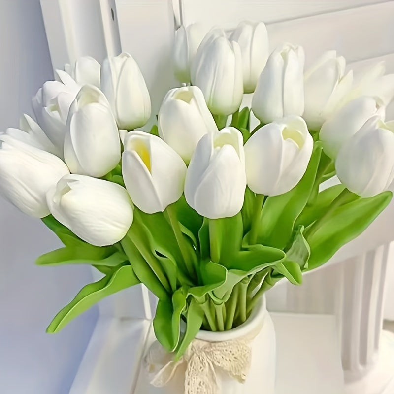 10 elegant white tulip artificial flowers with green leaves are perfect for weddings, engagements, and home decor. Made of durable polyurethane, no batteries needed.