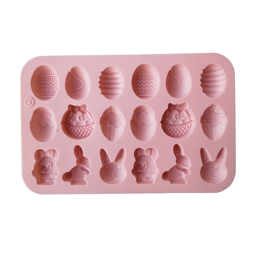 Silicone Easter egg and rabbit candy chocolate mold with 18 cavities, perfect for handmade homemade cakes. A kitchen accessory tool for creating festive treats.