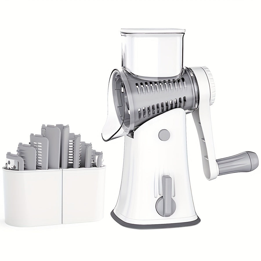 Versatile Kitchen Tool: Manual Rotary Mandoline Slicer with Interchangeable Blades - Made of ABS Material, Hand Crank Operation for easy slicing, grating, and shredding of vegetables and cheese.