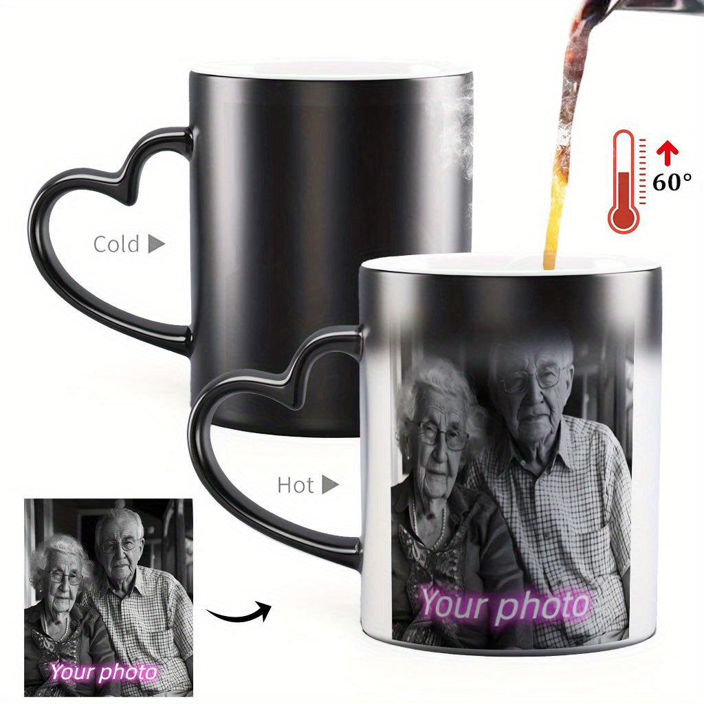 Customized color-changing mug with heart handle - perfect for Father's Day, Mother's Day, and seasonal gifts.