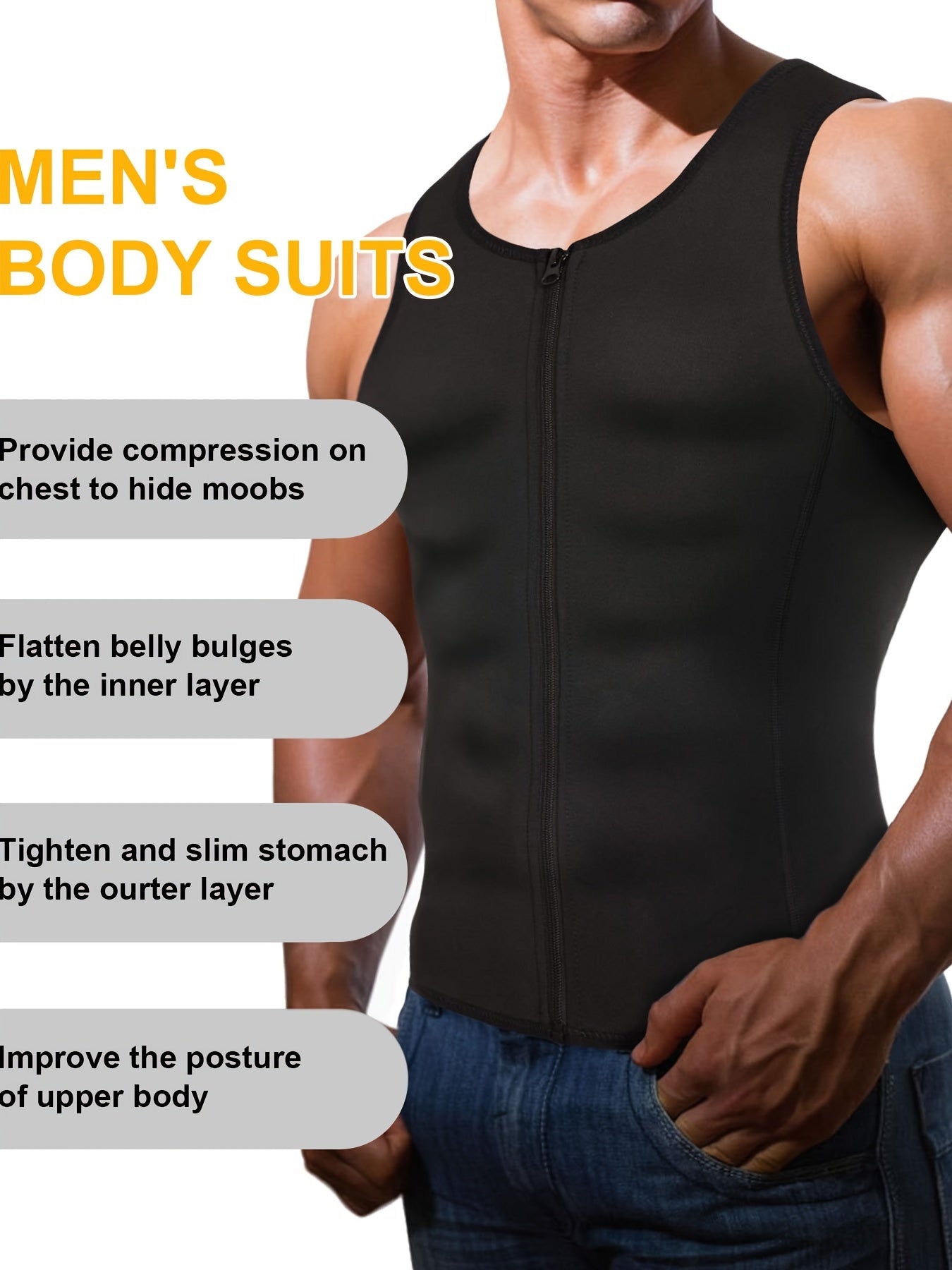 Skinny compression tank top for men, provides back support during sports workouts.