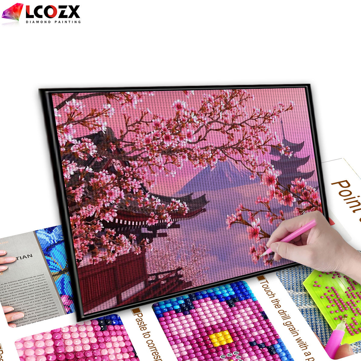 1pc Sakura Artificial Diamond Painting Kit featuring Japanese Fuji Mountain and Cherry Blossom Flowers in DIY Pink Rhinestones. Perfect for home decor and gifting, measuring 29.97*39.88cm.