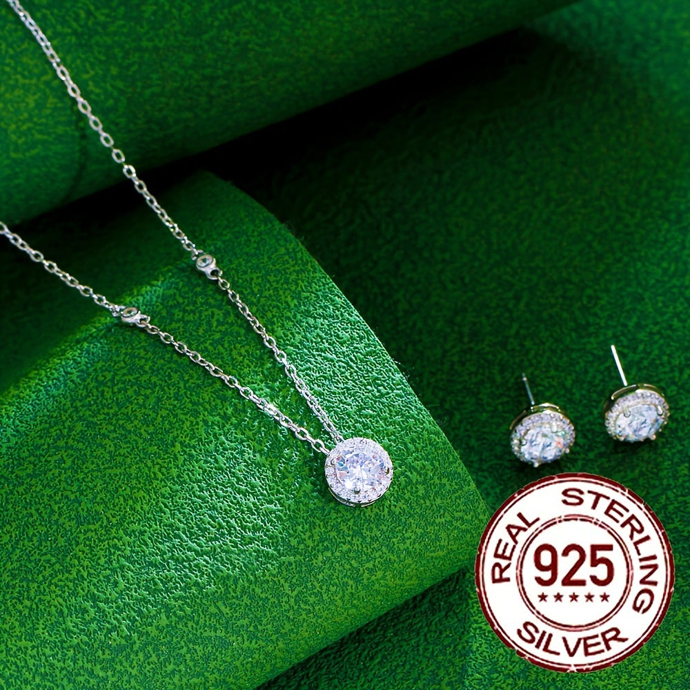 Spoil yourself or a loved one with this elegant Women's Jewelry Set, featuring a stunning necklace and stud earrings made of 925 Sterling Silver and adorned with transparent white round cut Cubic Zirconia stones. Perfect for holidays, birthdays, annual