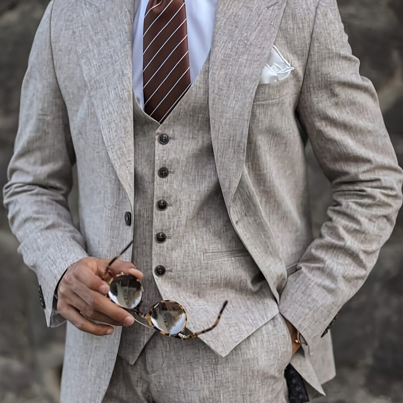 Men's tweed 3-piece suits for formal events, weddings, and business attire in various sizes.