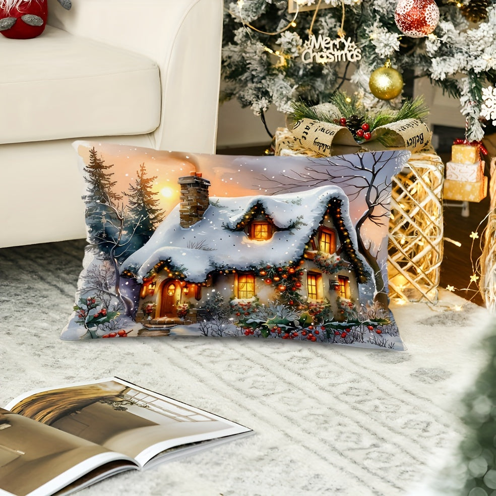 1pc Festive Christmas Cottage Linen Pillow Cover - Winter Snow Scene with Decorated House, Zippered, Machine Washable for Sofa & Couch Decor. Single-Sided Print, No Insert.