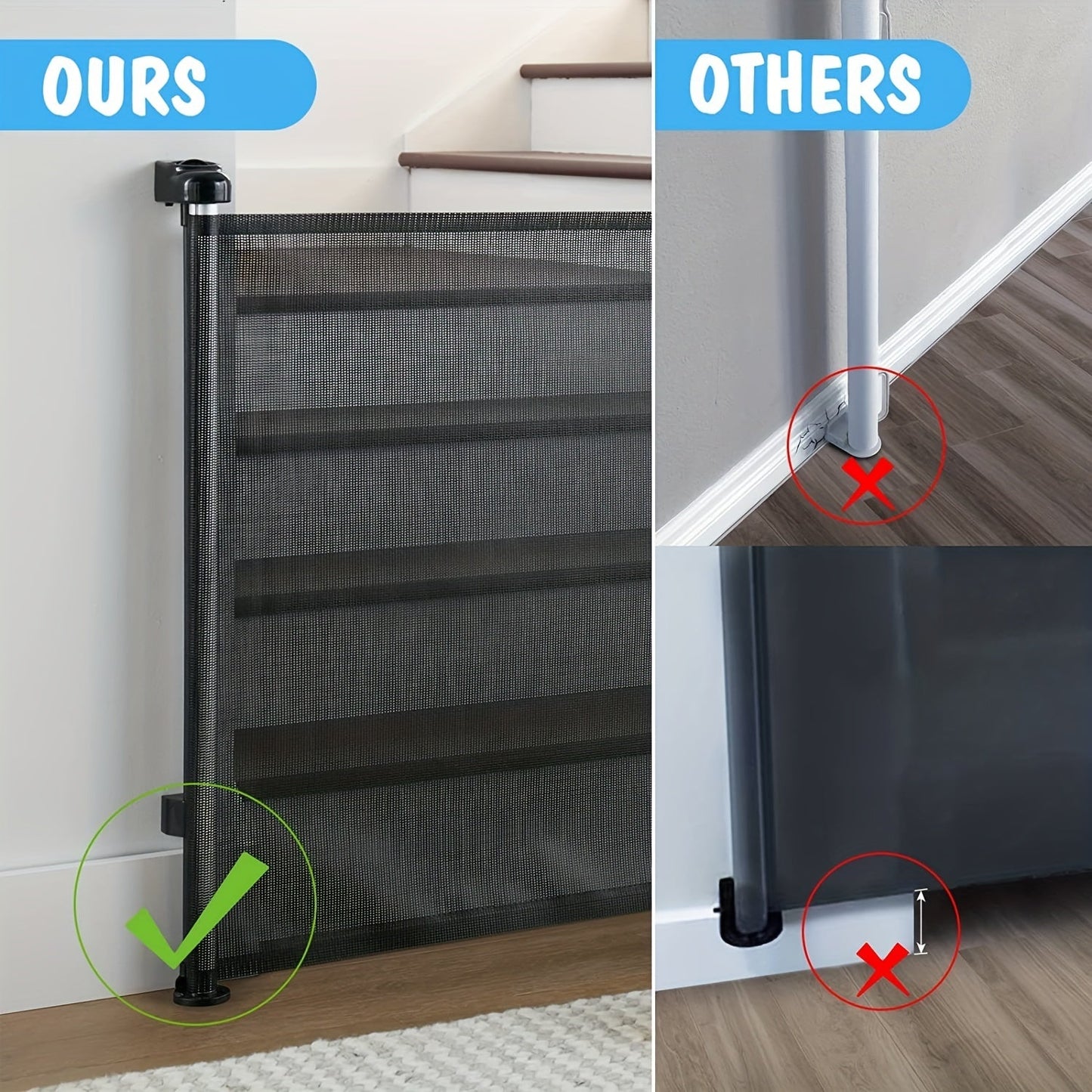 Get your hands on a retractable baby gate designed specifically for stairs and doorways. This mesh pet gate stands at 83.82cm tall and extends up to 139.7cm wide, making it the perfect extra wide dog gate for your home. Ensure safety for your little ones