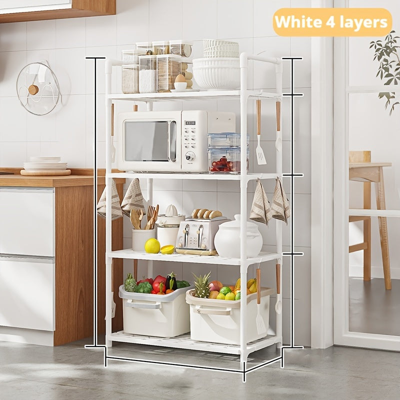 4-Tier Storage Rack Set with Versatile Uses - Simple Assembly, Constructed with Galvanized Metal & Plastic, Compact and Portable for Organizing Kitchen and Bathroom Items.