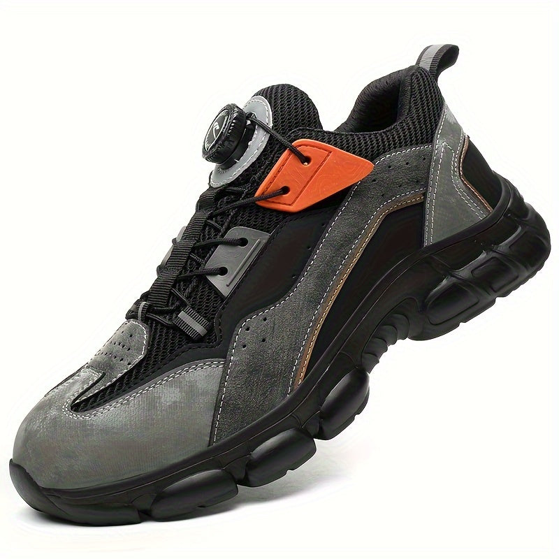 Steel toe work shoes with breathable design, puncture-resistant sole, and durable fabric upper in gray/black/orange. Perfect for construction and industrial tasks.