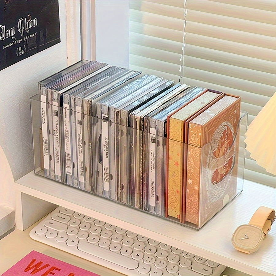 Clear acrylic CD storage organizer for DVDs and CDs, shelves in different sizes, wood-free, great for displaying albums and memorabilia in home entertainment.