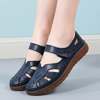 Women's genuine leather sandals with soft sole, cut-out design, casual and breathable.