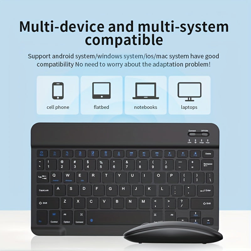 Thin wireless keyboard and mouse combo for iPad, tablet, and laptop.