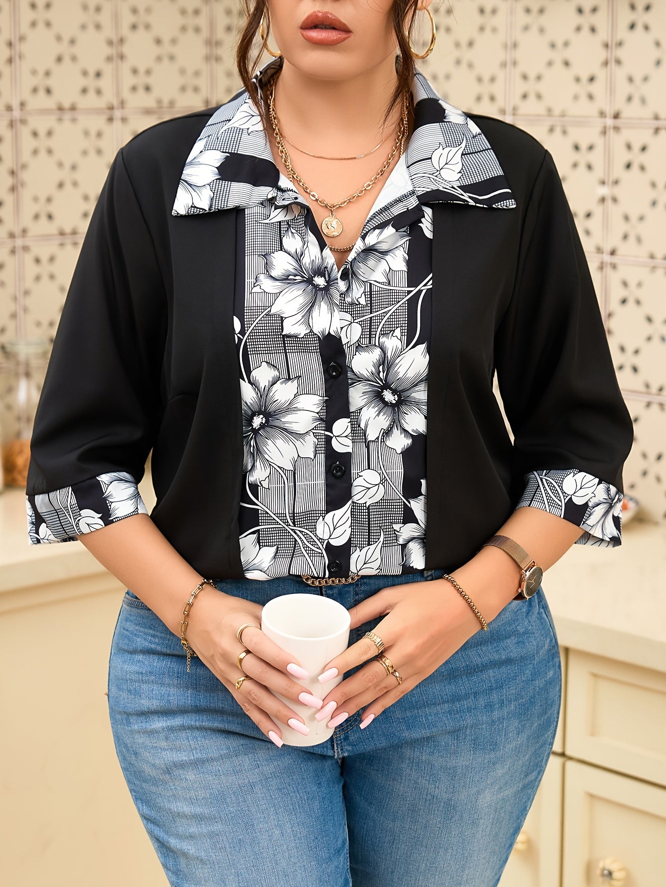 Plus Size Floral Patchwork Shirt with Button Front, 3/4 Sleeve for Spring & Fall. Women's Plus Size Clothing.