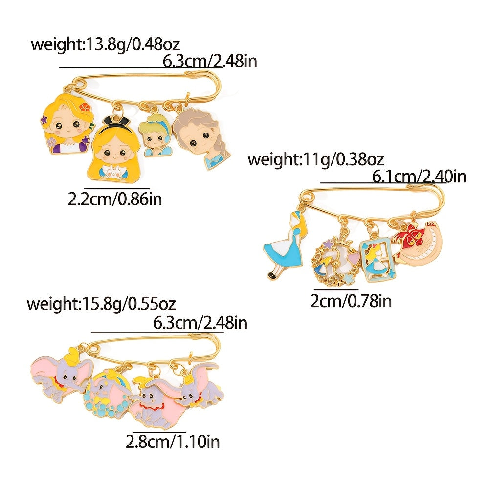 Set of 3 Adorable Cartoon Princess and Dumbo Enamel Brooch Pins, Made from Zinc Alloy Metal, Perfect for Adding a Splash of Fun to Clothes and Backpacks, Great for Daily Wear or Special Occasions Year-Round