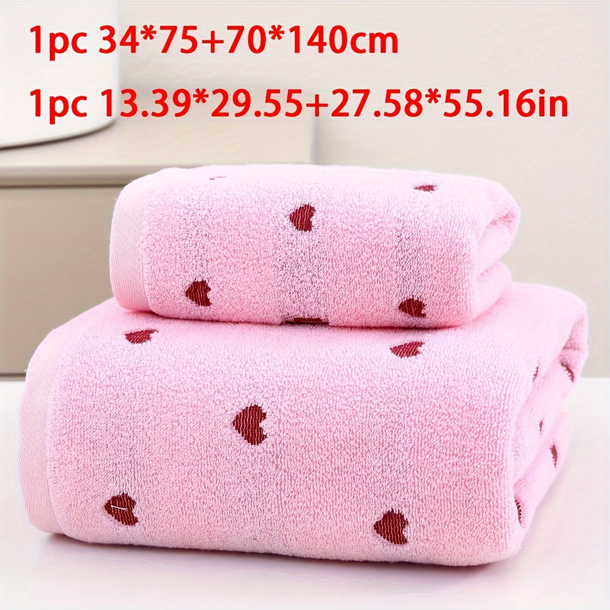 100% Cotton Towel Set with Heart Pattern, 2 pieces. Includes 1 hand towel (34x75cm) and 1 bath towel (70x140cm). Soft, absorbent, unscented. Great for couples, home use, and Valentine's Day