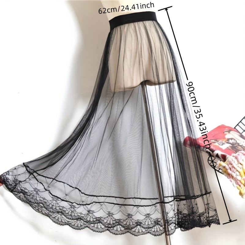 Victorian Gothic Style Sheer Tulle Skirt with Lace-Lined Petticoat, Hand Wash Only