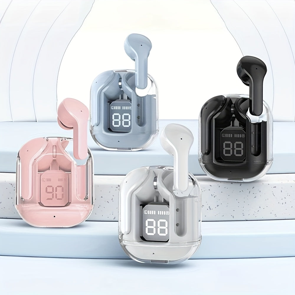 New wireless in-ear headphones with multi-color semi-transparent appearance and LED display.