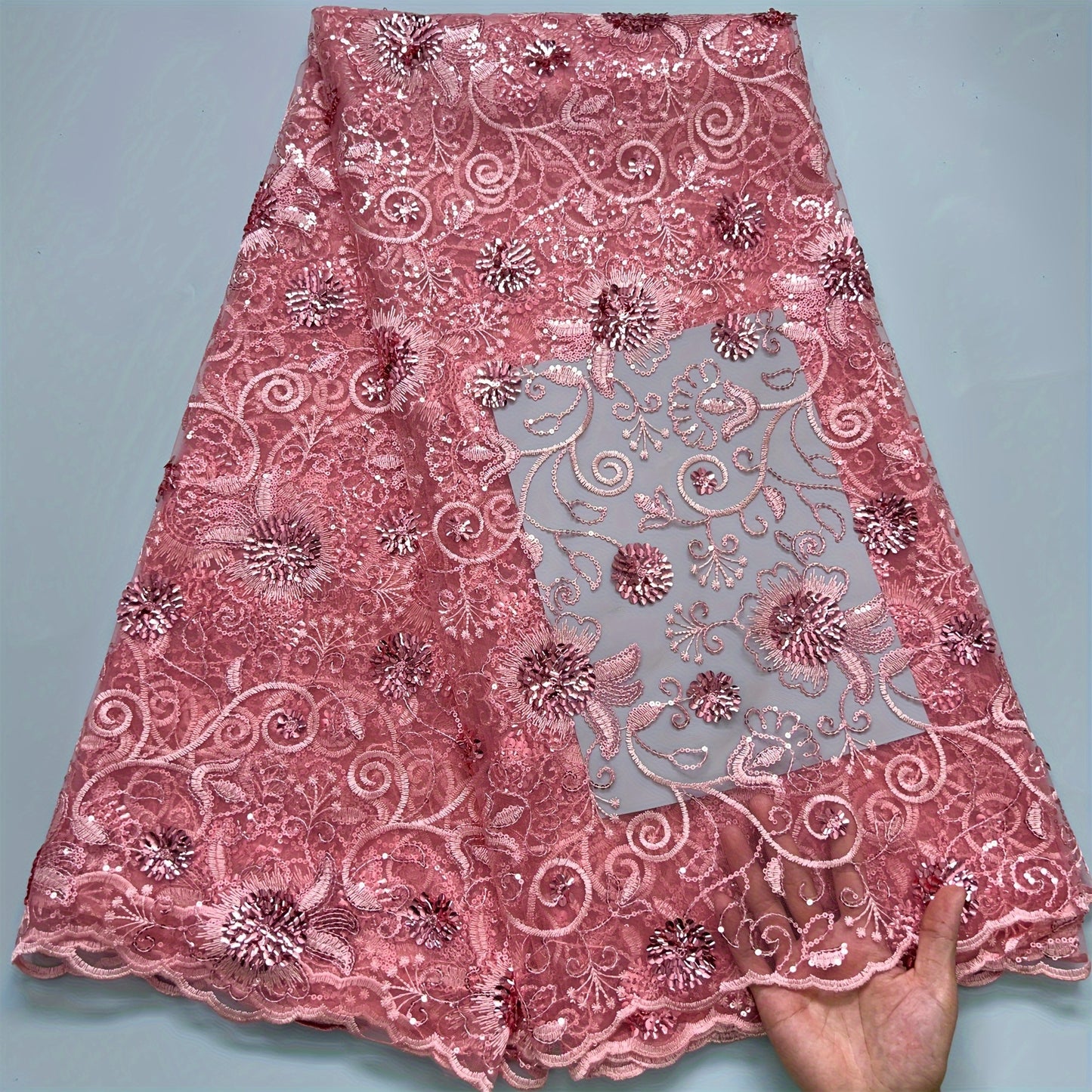 4.57 meter cut of Floral Sequin Tulle Lace Fabric, ideal for bridal gown sewing. Made of 100% Polyester, hand wash only.