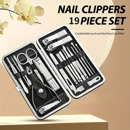 Set of 8 or 19 stainless steel nail clippers and manicure tools for foot care.