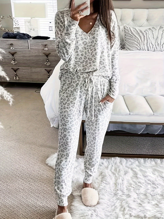 Leopard Print Lounge Set for Women - V Neck Top & Joggers with Pockets, Perfect for Fall & Winter