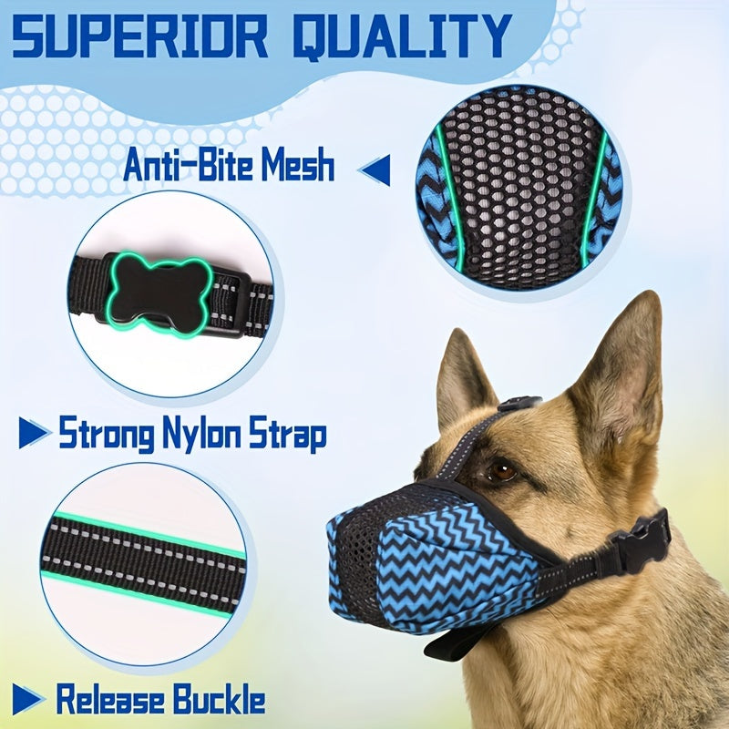 Adjustable Reflective Dog Muzzle in Blue & Black for Small, Medium, Large Dogs - Prevents unwanted behavior with secure straps.