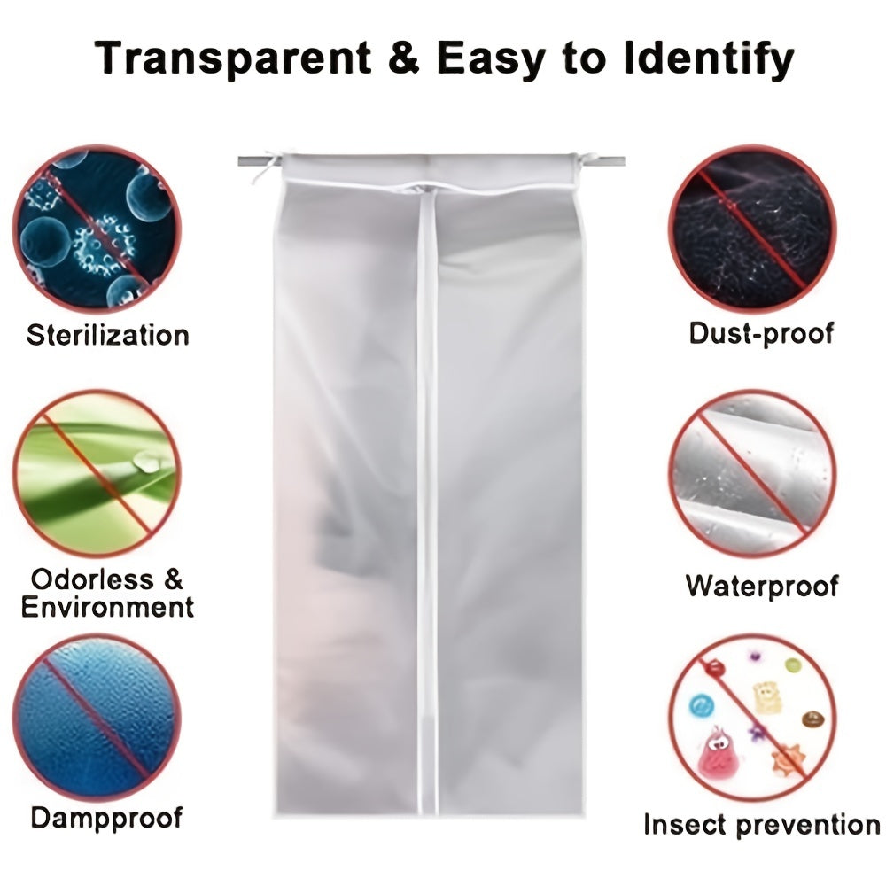 Protect your clothes with this lightweight, translucent garment cover. It is dustproof and waterproof, featuring a full zipper, magic tape, and strap for coats, dresses, and windbreakers. Dimensions are 59.99x50.01x119.99 cm.