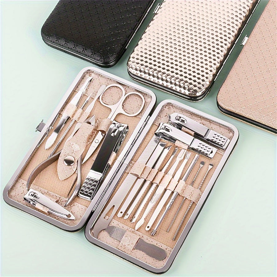 Professional 19-piece stainless steel nail care set for manicures and pedicures, includes cuticle nippers, clippers, files, and grooming tools. Ideal for precision trimming and shaping