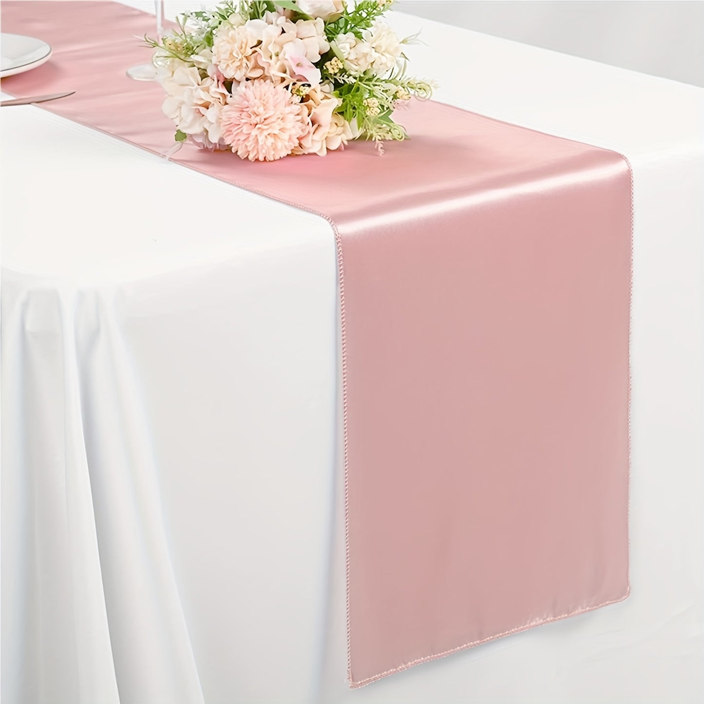 10pcs Rose Gold 29x275cm Satin Table Runner ideal for various table decorations like weddings, birthdays, banquets, graduations, and engagements.