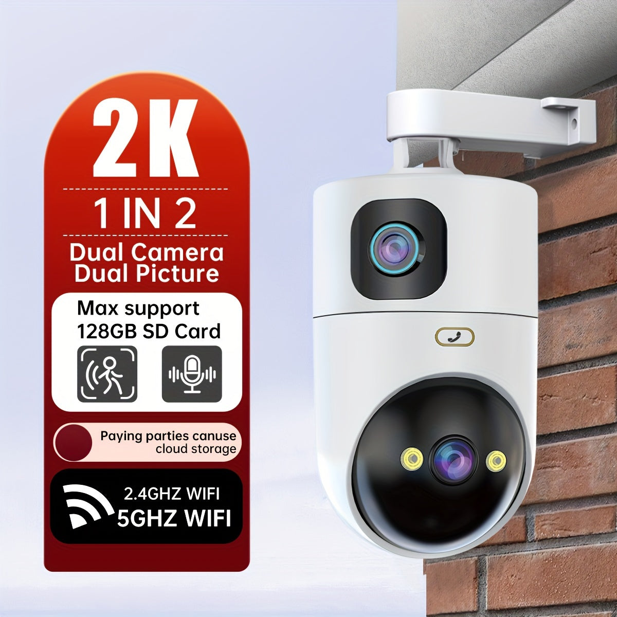 Experience enhanced security with the JOOAN 2K HD Dual-Screen WiFi Camera. This wireless security camera features high-definition video quality, one-click phone call capability, audio monitoring, alarm push notifications, and full-color night vision for