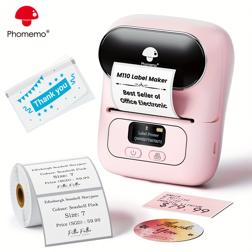 Phomemo M110 Wireless Label Printer with 40x30mm Sticker Roll, ideal for businesses and office use, with wireless connectivity for phones & PCs.