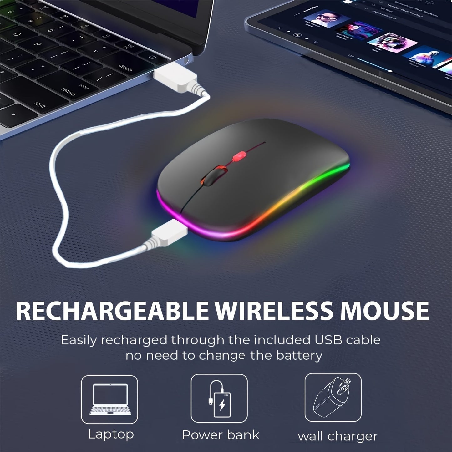 Rechargeable wireless LED mouse for laptops and desktops. Dual-mode wireless or USB connection, silent and portable design. Ambidextrous optical mouse. Compatible with Windows 10.