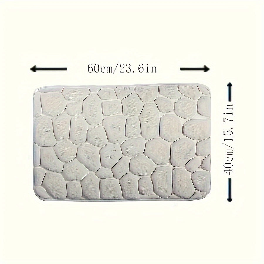 One piece of bath mat with embossed pebble pattern, highly absorbent and non-slip for bathroom use. Suitable for tub, toilet, and floor, made of machine washable polyester material. Dimensions are 59.94x39.88 cm.