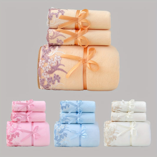 3-piece towel set with modern lace embroidery includes 1 bath towel, 2 face towels in assorted colors. Soft, absorbent fabric perfect for home, travel, and spa use.