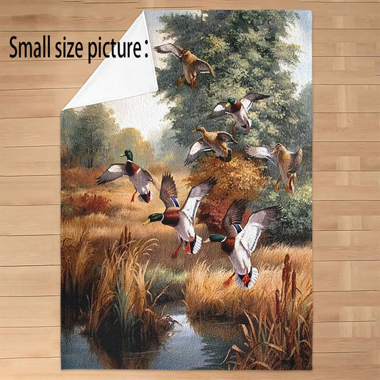 Modern Duck Hunting Pond Design Flannel Throw Blanket, Hypoallergenic, Suitable for All Seasons, Versatile for Travel & Camping, High-Quality Digital Print Polyester, Perfect Gift for Loved Ones.