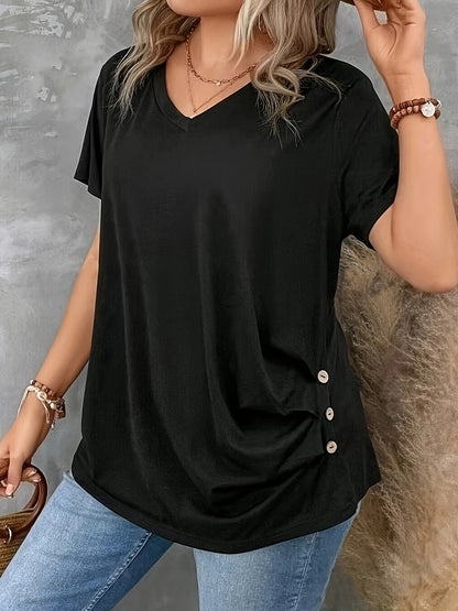 Plus Size V-Neck Button T-Shirt for Women