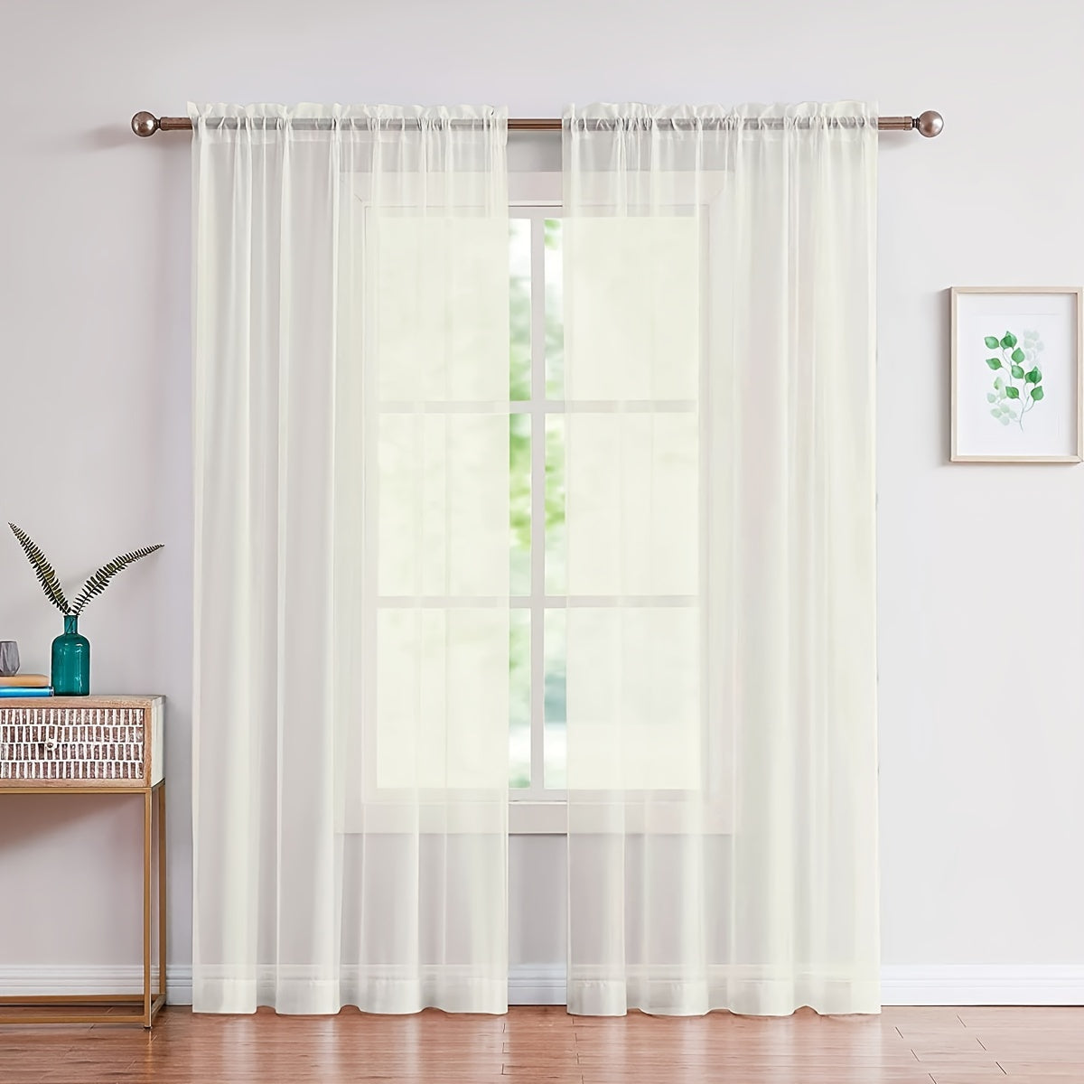 Two pieces of lightweight transparent white gauze curtains, designed for living room and bedroom decoration, with pole-wearing feature.