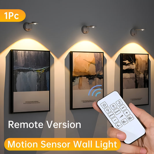 Rechargeable motion sensor LED wall lamp with remote control. Adjustable light. Easy installation, suitable for stairs, corridors, living room, and bedroom.