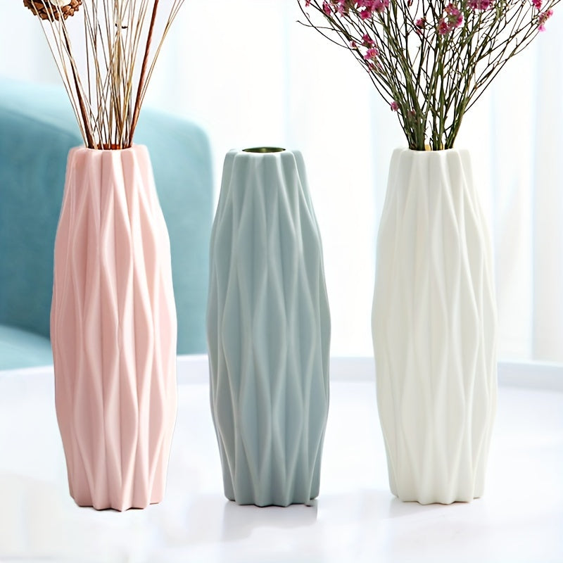 Set of Nordic plastic vases inspired by ceramic, perfect for home decor on special occasions such as St. Patrick's Day and Easter, or as a spring addition to living rooms, dining tables, or beauty rooms.