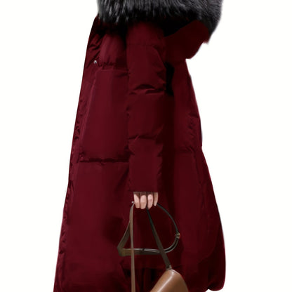 Winter fashion long coat with hood, made of 100% polyester, solid color, warm outerwear with faux fur trim, zip-up closure.