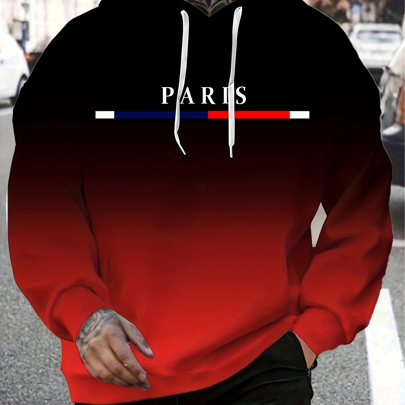 Paris-inspired hoodie with full-print design and relaxed fit, made from a polyester blend in plus sizes.