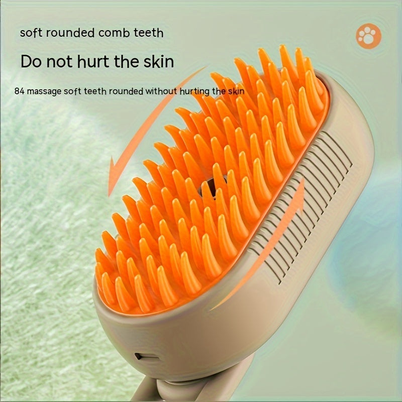 Pet grooming spray comb for cats that is easy to clean and removes loose fur without the need for a bath. Features massage and steam brush.