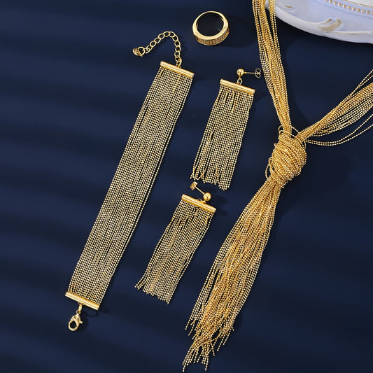 Experience the Exquisite MEIZ Luxury Hip-Hop Style Jewelry Set, featuring 18K Golden Plated Copper with Hollow Tassel Earrings, Tassel Necklace, Ring, and Bracelet. Perfect for Daily Wear or as Wedding Accessories, this Set is Ideal for Gift-Giving and