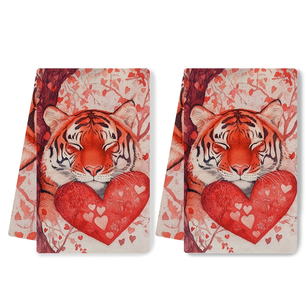 Valentine's Day Tiger Funny Tiger Kitchen Towels - Set of 2, Ultra Soft and Highly Absorbent Dish Hand Towels for Holiday Decor, Machine Washable, 16x24 Inch Dimensions - Item Number 2KYSYS1217648