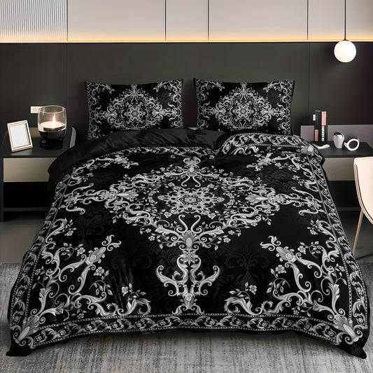 3-piece duvet cover set with pillowcases, breathable polyester, digital print black and white damask pattern, machine washable, no duvet insert, 90g fabric weight