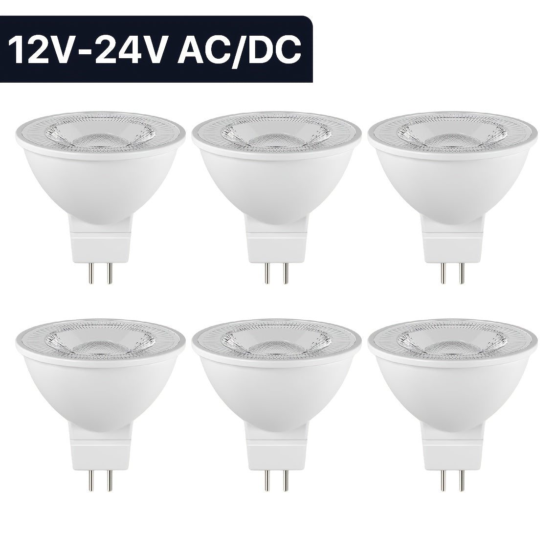 6 and 12 packs of MR16 LED bulbs with 5W GU5.3 non-dimmable spotlight bulb suitable for 12V-24V AC/DC low voltage. Ideal for landscape, cabin, boat, and yacht use.