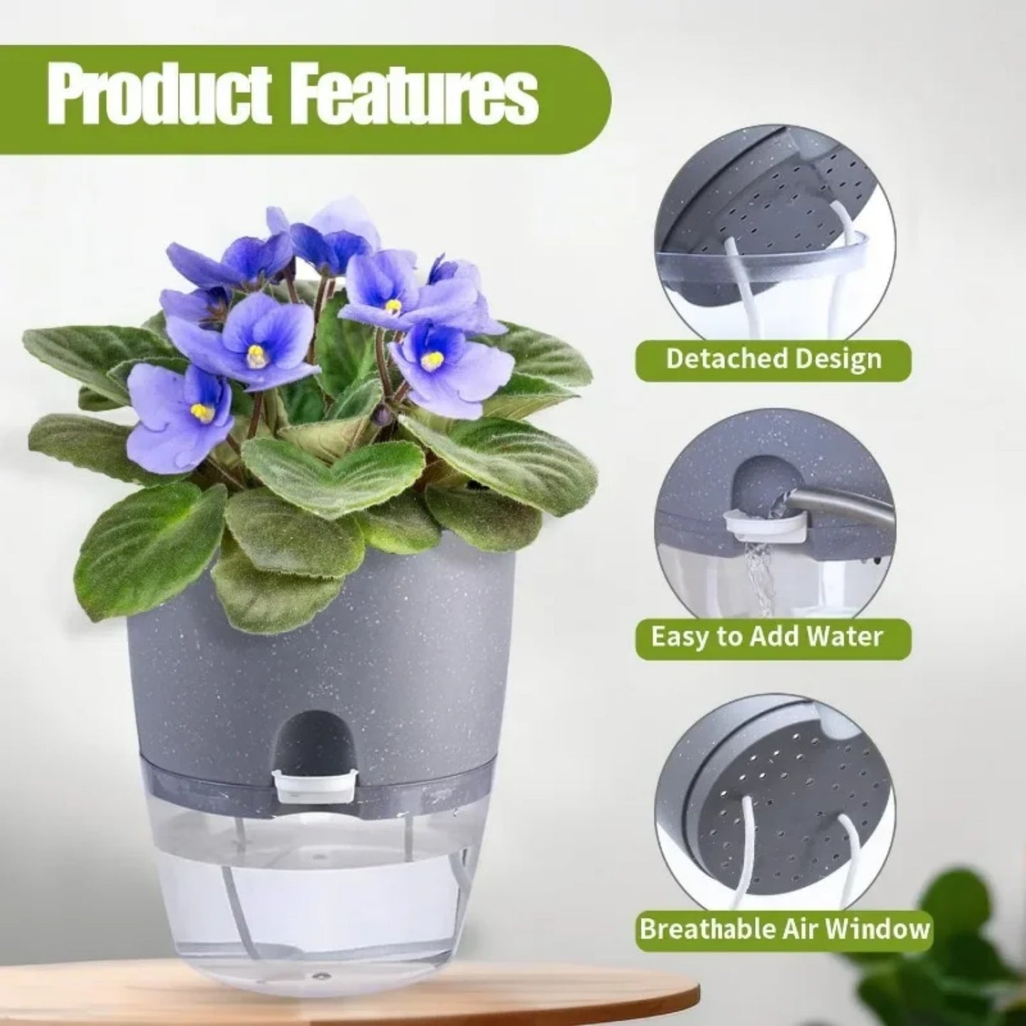 6 self-watering planters with double layer design, lightweight plastic pots, rope system, and easy injection port for indoor gardening.