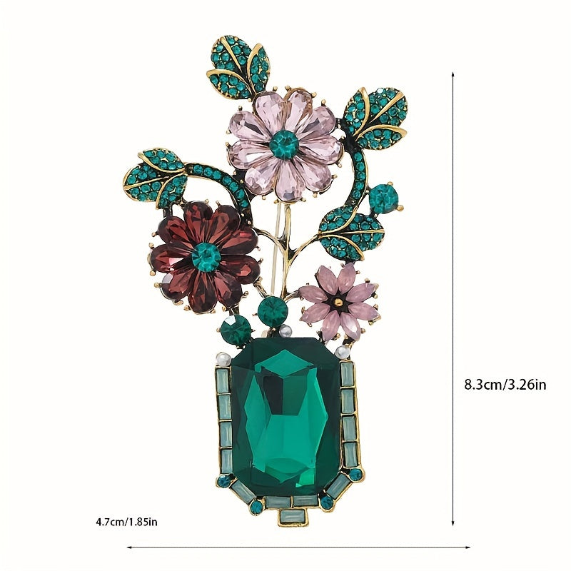 Vintage-Inspired French Green Crystal Vase Brooch Unique Niche Design Elegant Pin Luxury Fashion Accessory for Women