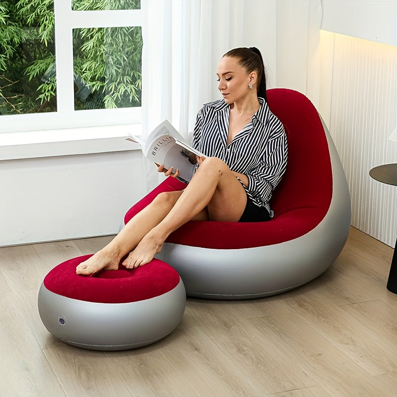 Portable, ergonomic, and easy-to-clean inflatable sofa in red PVC and microfiber material. Ideal for camping, living room, office, or bedroom. Features foldable and compact design for