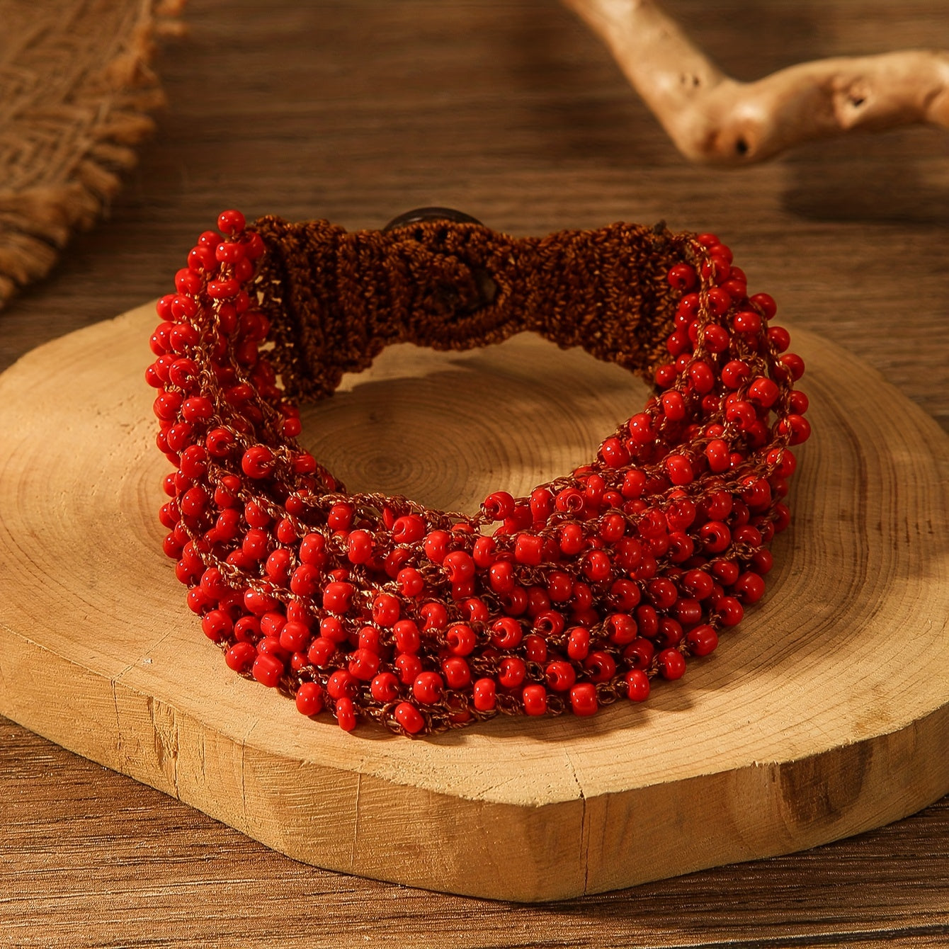 Red Crochet Bracelet with Handmade Beads, Bohemian Style Hand Jewelry for Women