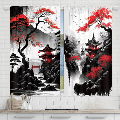 Set of 2 Japanese Mountain Ink Painting Print Curtains with Rod Pocket Mount, Made from Polyester Material, Perfect for Living Room, Kitchen, Bedroom, Study, and Home Decor, Featuring Digital Printing Technology