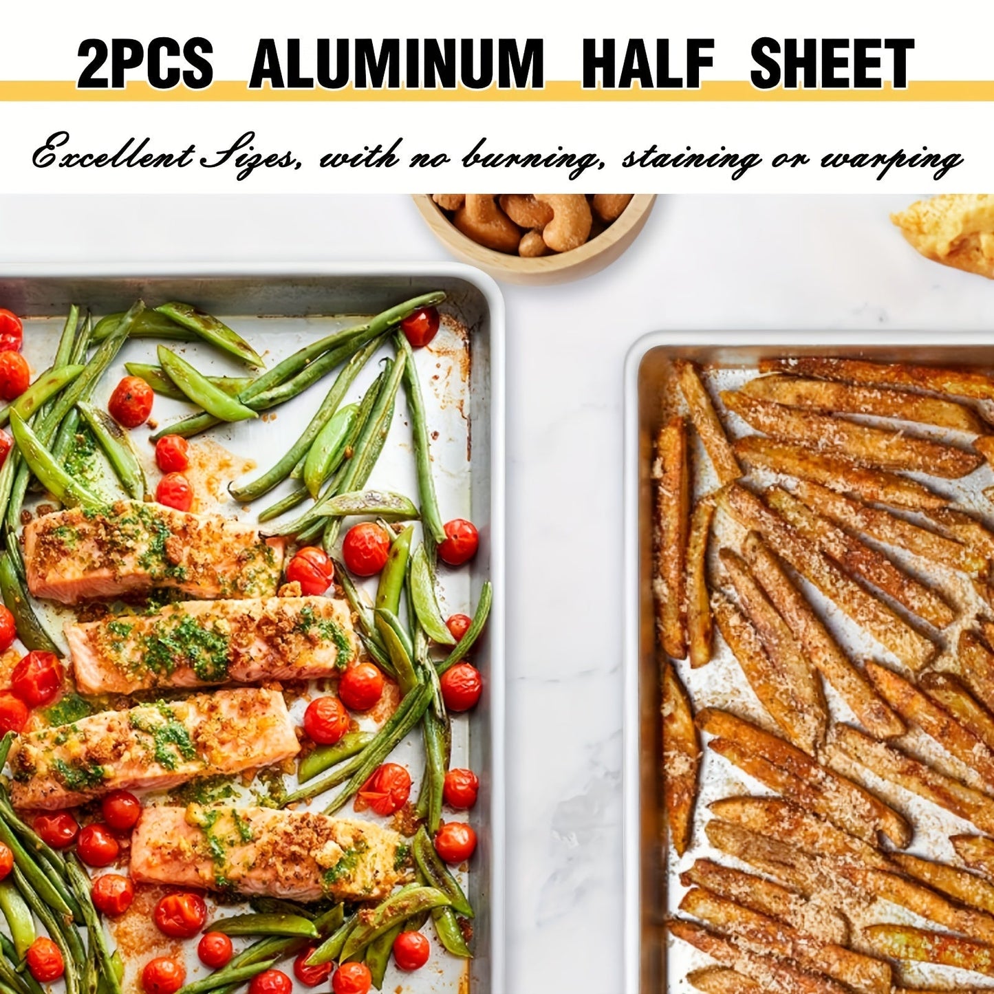 Two-pack of professional-grade baking trays made from natural aluminium, ideal for baking biscuits and other treats. These half pans are thick and deformation-resistant, with a non-stick coating for easy release. Measuring 45.72 x 33.04 cm each, these